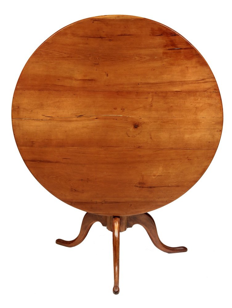 TILT-TOP TEA TABLE - Chippendale Period Mahogany Table: TILT-TOP TEA TABLE - Chippendale Period Mahogany Table with round bullnose top, birdcage swivel, urn turned column with four simple swan legs ending in pad feet. 26 1/2" x 32". Old refinish, inletted 