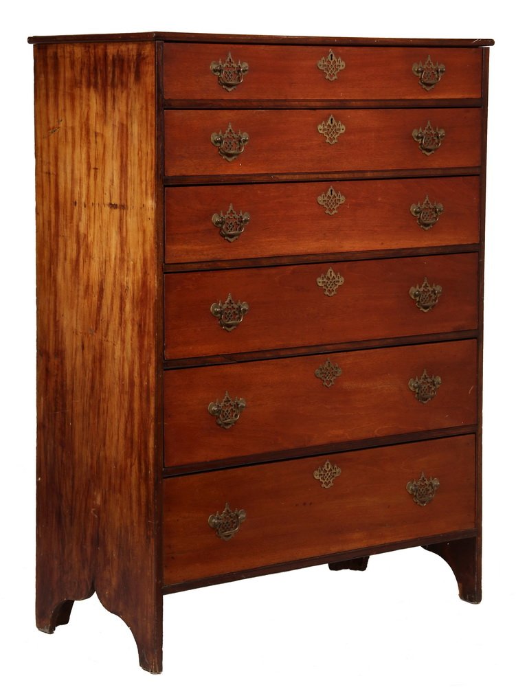 COUNTRY CHIPPENDALE DRESSER - 18th c. Chest with six: COUNTRY CHIPPENDALE DRESSER - 18th c. Chest with six graduated mahogany drawers, having large brass Chinese Chippendale pulls and escutcheons, set into a simple pine case with replaced brasses, old pa