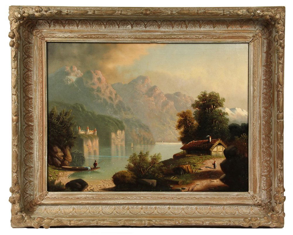 AUGUST KUNZ; (Swiss, 1861-1915), Alpine Lake Scene, oil: AUGUST KUNZ; (Swiss, 1861-1915), Alpine Lake Scene, oil on canvas, signed lower right "A.Kunz", in Victorian deep cove gold gesso frame. OS: 25 1/2" x 31 1/2", SS: 187 1/2" x 23 1/2". Cleaned, relined