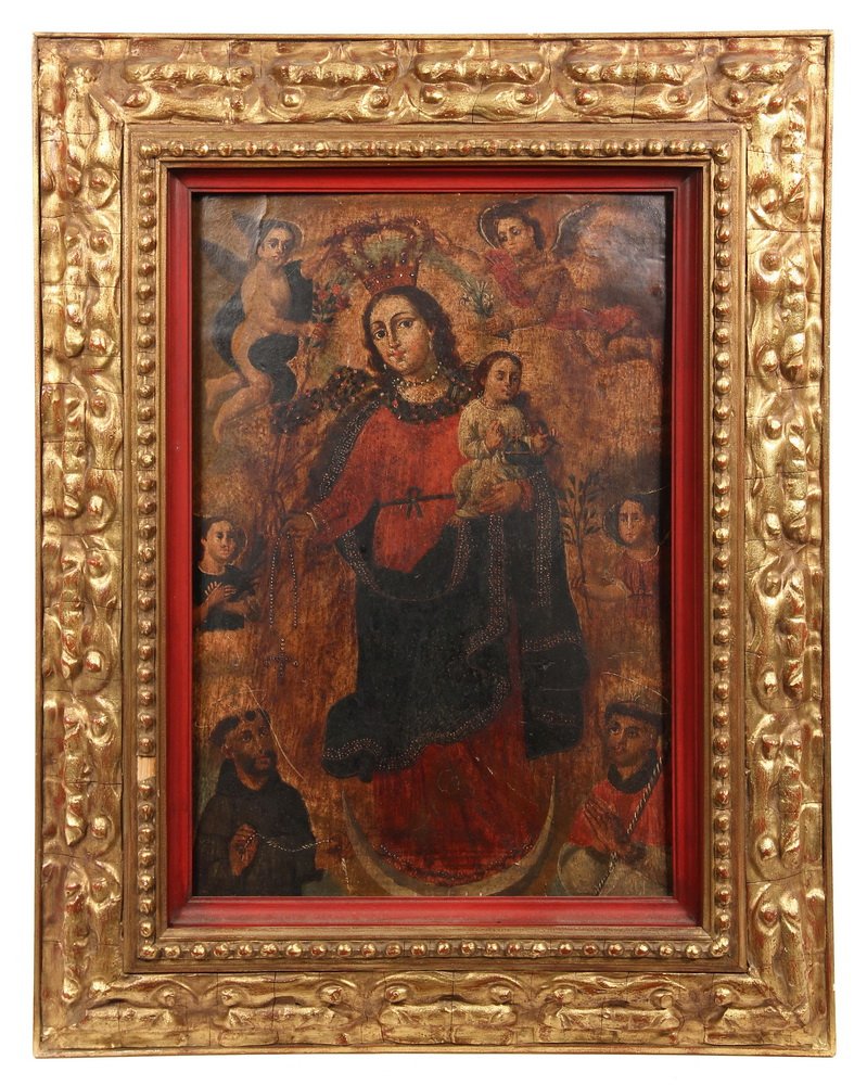 SPANISH COLONIAL RETABLO - Oil on Panel of the Madonna: SPANISH COLONIAL RETABLO - Oil on Panel of the Madonna with Child standing on a half moon, being crowned as the Queen of Heaven by angels, flanked by St Anthony & St Francis at base. 18th-19th c. In l