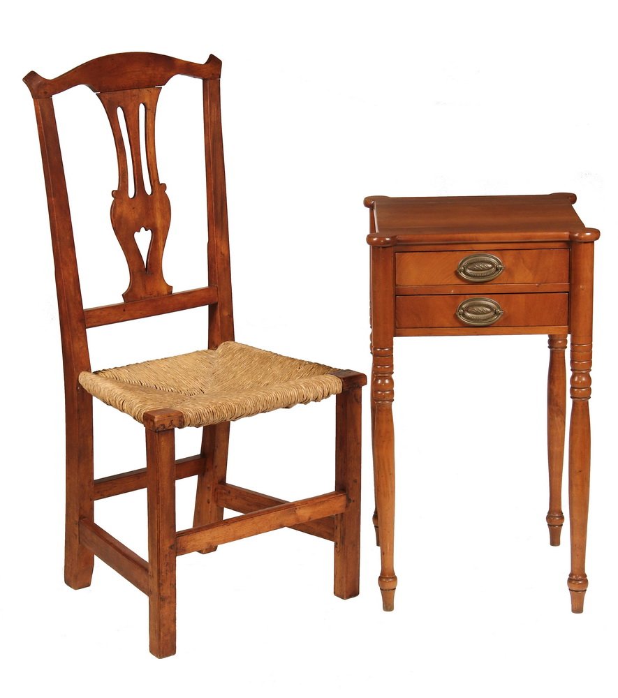 (2 PCS) MAINE FURNITURE - Chippendale Hardwood Chair: (2 PCS) MAINE FURNITURE - Chippendale Hardwood Chair with pierced backsplat, old rush seat; PLUS Sheraton Cherry Stand with cookie corner top, two drawers, on turned legs. Late 18th to early 19th c. 4