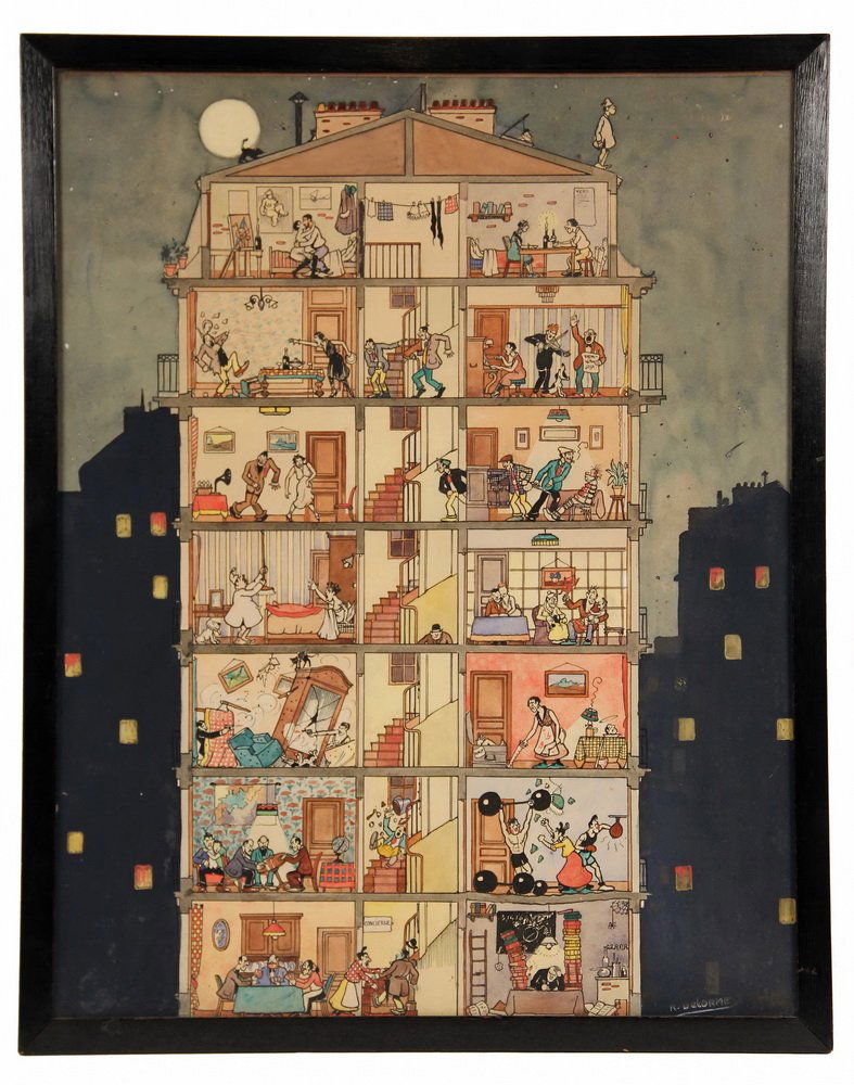 COMIC ILLUSTRATION - The Seven Floor Walk-Up, signed: COMIC ILLUSTRATION - The Seven Floor Walk-Up, signed "R. Delorme" lower right, circa 1920s, ink and watercolor on illustration board. In black box frame, under glass. OS: 28 1/2" x 22 3/4", SS: 26 1/2