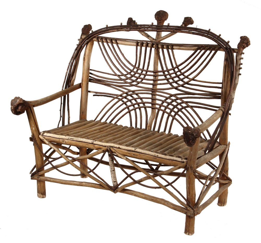 ADIRONDACK SETTEE - Natural Root & Bent Twig Settee for: ADIRONDACK SETTEE - Natural Root & Bent Twig Settee for Two, with ornate back and skirt, split branch seat, root ball back and arm finials. Circa 1880-90. 17" seat, 25" arm, 44" back, 46" x 28". Good 