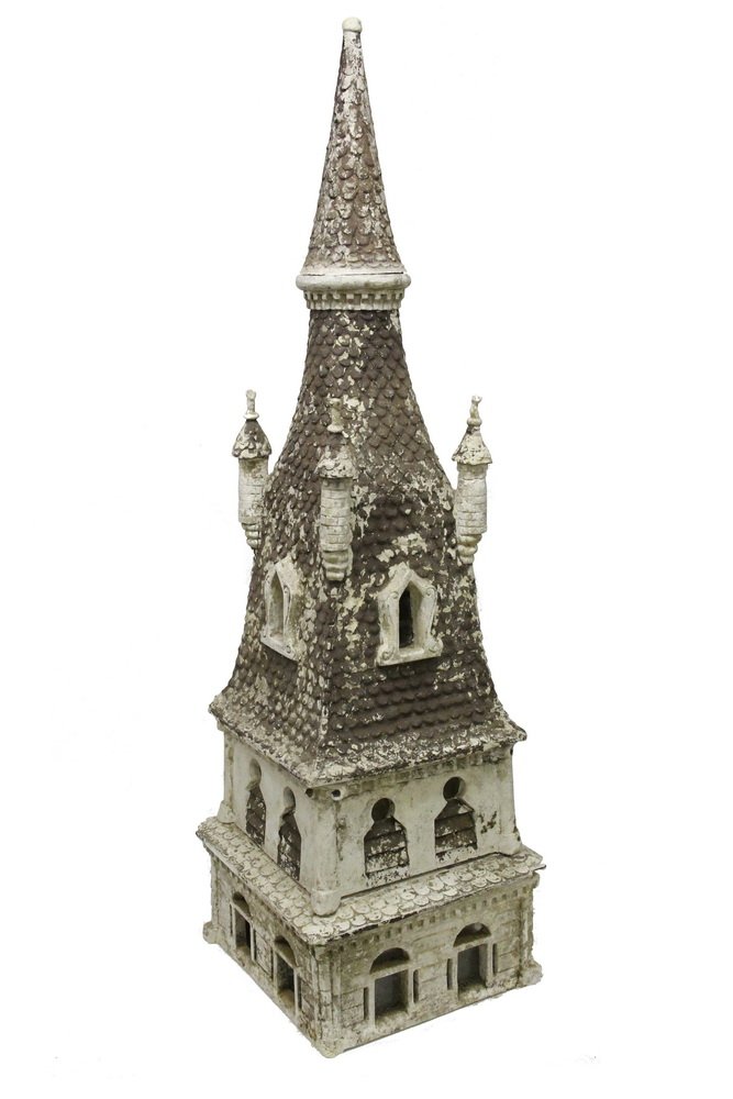FANTASY GARDEN HOUSE - Four-Piece Cast Cement Arabian: FANTASY GARDEN HOUSE - Four-Piece Cast Cement Arabian Style Tower, with arched openings at bottom, keyhole windows on second tier, painted 'shingle' roof with gables and corner turrets, central spire.