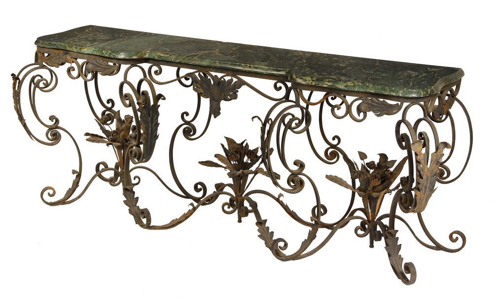 WROUGHT IRON & MARBLE CREDENZA - 20th c. Palace Scale: WROUGHT IRON & MARBLE CREDENZA - 20th c. Palace Scale Ornate Wrought Iron Entry Hall Credenza, having scrollwork three-section base with floral leaf work, veined green molded marble top, circa 1920s.