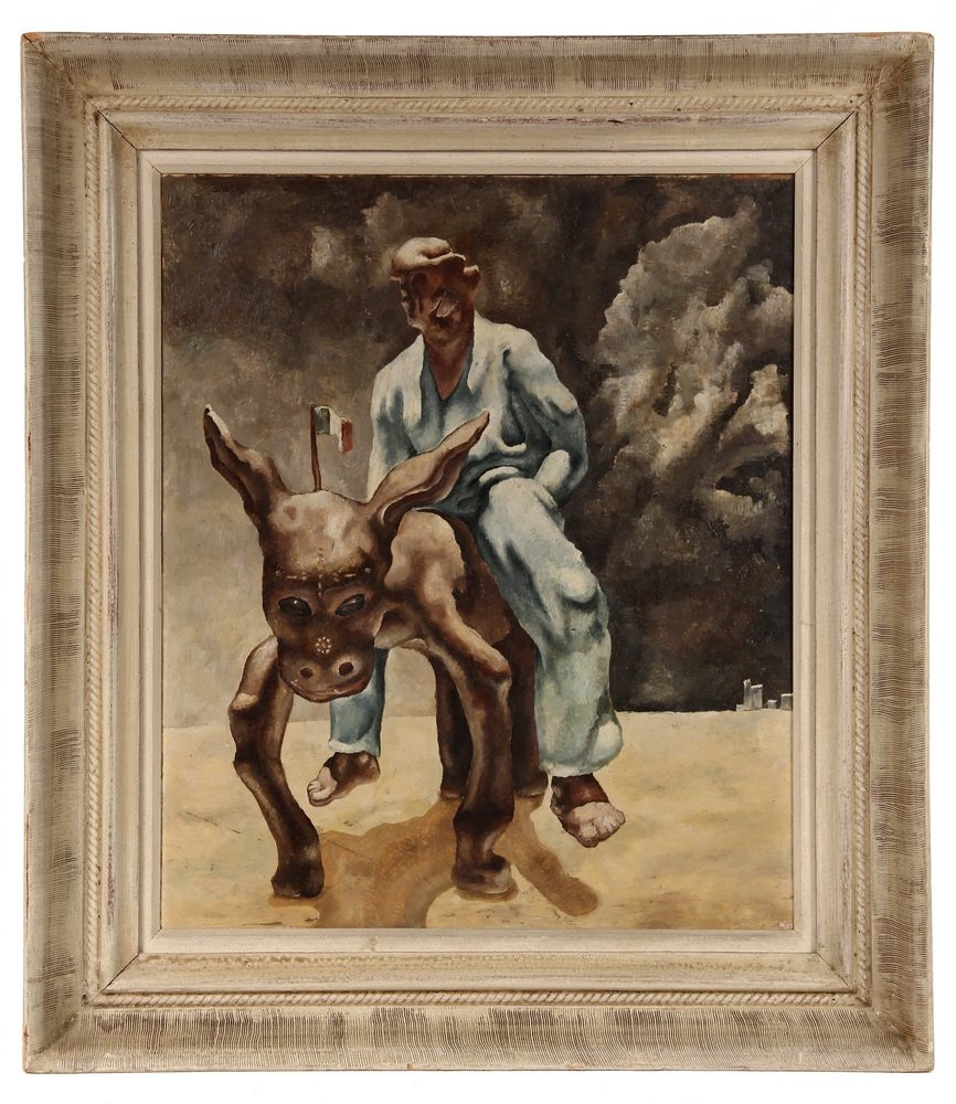 GUILLERMO MEZA, (Mexico, 1917-1997), Man Riding Beast: GUILLERMO MEZA, (Mexico, 1917-1997), Man Riding Beast with Mexican Flag, oil on masonite, circa early 1940's, signed lr, in original artist painted frame. OS: 23 3/4" x 21". SS: 17 3/4" x 15". A few s