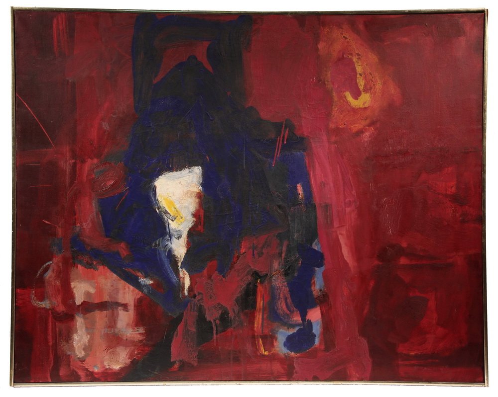 HOWARD EARL KANOVITZ, (NY/MA, 1929-2009); Abstract,: HOWARD EARL KANOVITZ, (NY/MA, 1929-2009); Abstract, circa 1960, oil on canvas, inscribed verso "Howard Kanovitz, for Jascha, because of his good influence. Howard, Feb 1962". In slat frame with chrome