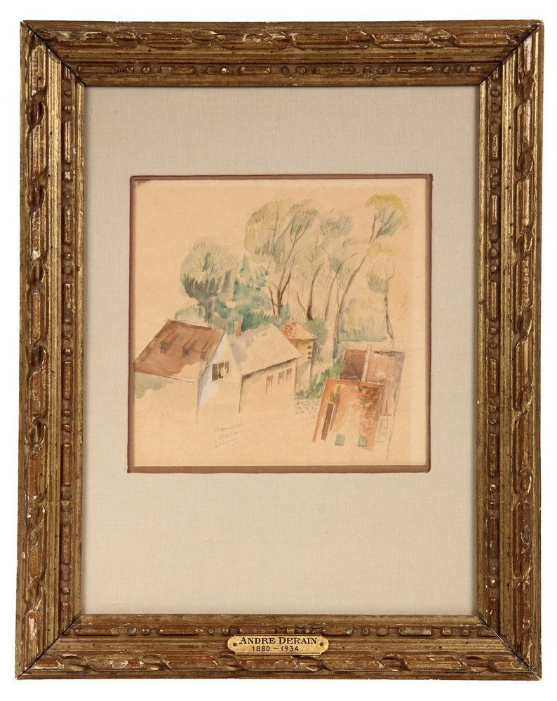 ANDRE DERAIN (FR, 1880-1954); "Hammam (Public Baths),: ANDRE DERAIN (FR, 1880-1954); "Hammam (Public Baths), Chartres", watercolor on paper, pencil signed and titled lower left, tipped to backing by top. In watergilt hand carved frame, linen mat, glazed.