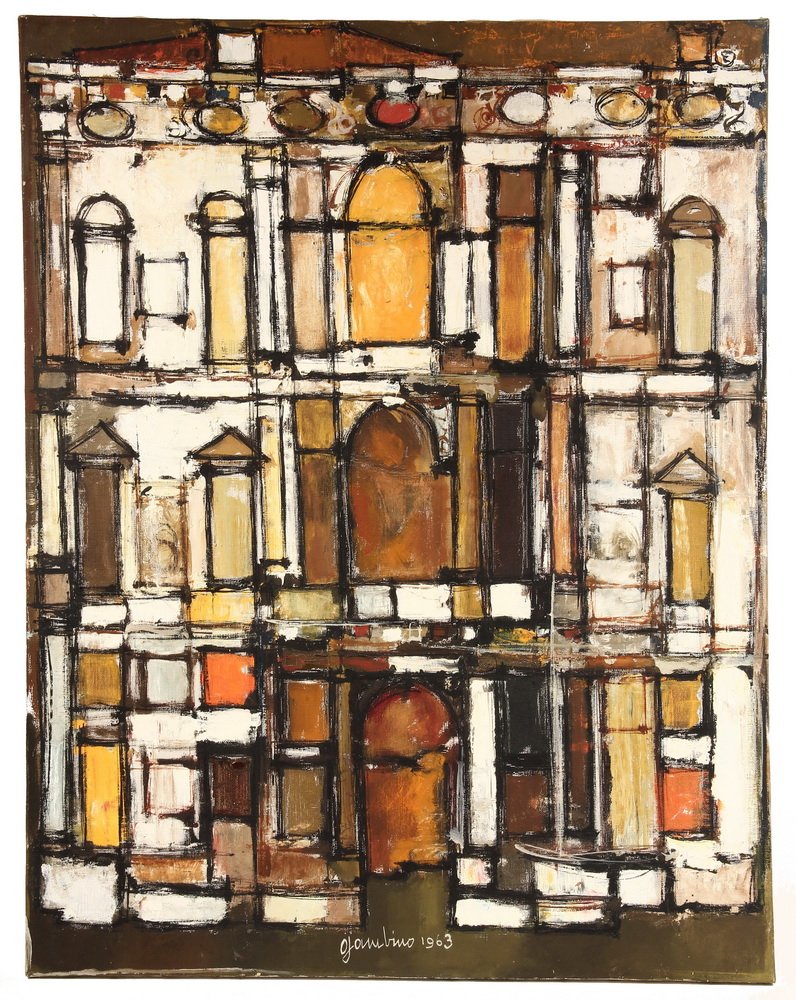 GIUSEPPE GAMBINO (IT, 1928-1999); "Palazzo sul Canal: GIUSEPPE GAMBINO (IT, 1928-1999); "Palazzo sul Canal Grande (Palazzo Pappadopoli) a Rialto", oil on canvas, signed lower center and dated 1963, signed and titled verso. Unframed. 35 1/2" x 27 1/2". Fi