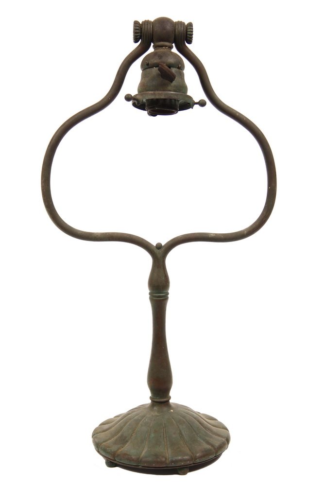 TIFFANY DESK LAMP BASE - Art Nouveau Tiffany Studios: TIFFANY DESK LAMP BASE - Art Nouveau Tiffany Studios Desk Lamp in patinated bronze, marked on the base "Tiffany Studios, New York, #434", the pivot socket mounted in harp would have held a Quezel bell