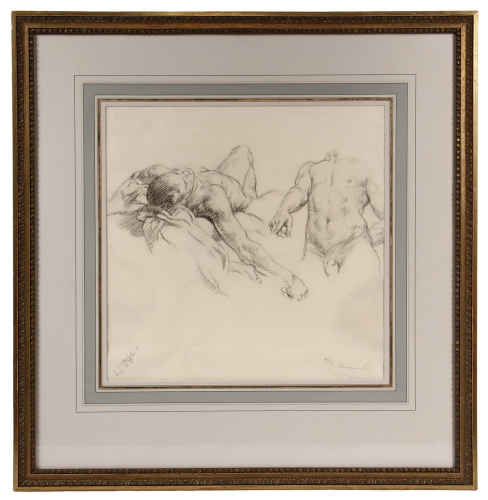 SIR WILLIAM NEWENHAM MONTAGUE ORPEN, (Ireland,: SIR WILLIAM NEWENHAM MONTAGUE ORPEN, (Ireland, 1878-1931); Untitled Study of Male Nudes, charcoal drawing, signed lower left & marked '20 minutes' lower right. In gold carved frame, french-lined mat,