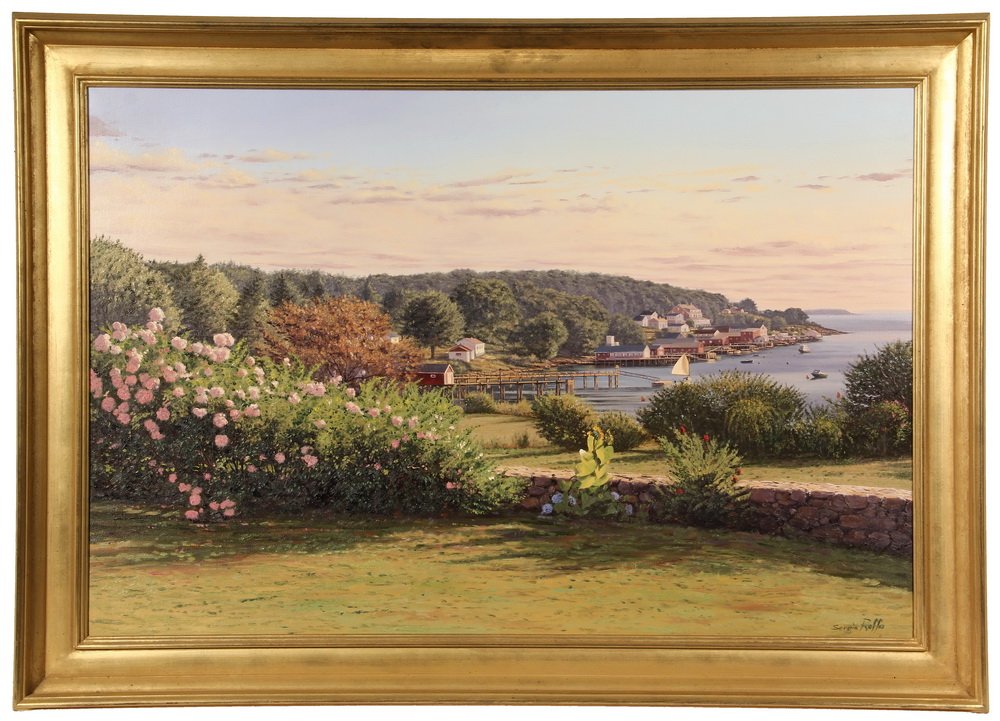 SERGIO ROFFO; (MA, 1953 - ) - South Shore Coast, oil on: SERGIO ROFFO; (MA, 1953 - ) - South Shore Coast, oil on canvas, signed lr. In gold molded cove frame. OS: 29 1/2" x 41 1/2". SS: 23 1/2" x 35 1/2". Fine condition.