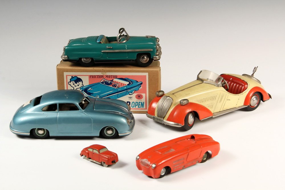 (5) TOY AUTOS - Including: JNF Prototype Porsche: (5) TOY AUTOS - Including: JNF Prototype Porsche Electric in blue tin; Dux Veritas Racer in red cast, key-wind, with tools, Western Germany; Miniature red tin, key-wind, US Zone; Modern Toys Ford Open