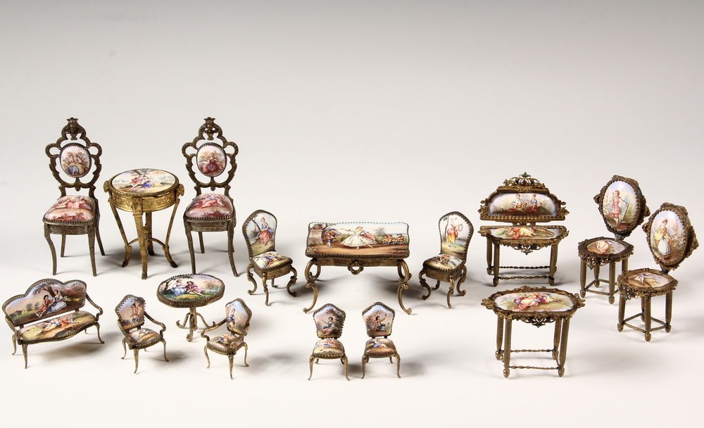 COLLECTION (16 PCS) VIENNESE MINIATURE FURNITURE - Gilt: COLLECTION (16 PCS) VIENNESE MINIATURE FURNITURE - Gilt Bronze and Enameled Porcelain, mid to late 19th c, including: matching settee, table & two chairs; pair of ornate court chairs; small settee & f