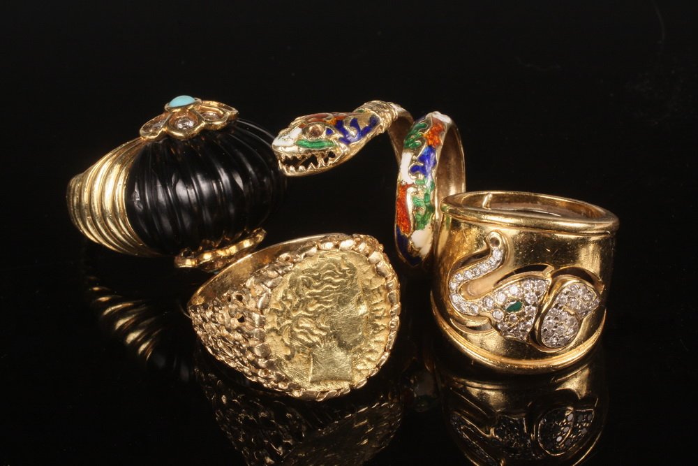 LOT (4) RINGS - Custom Designed Rings include: 1) 14K: LOT (4) RINGS - Custom Designed Rings include: 1) 14K yellow gold and carved black onyx dome shaped ring with turquoise and diamond side mounts, D. Webb design, size 6; 2) 14K yellow gold wide band wi