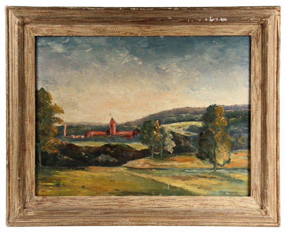 MAX WEBER (NY/FR, 1881-1961), Italian Valley Town,: MAX WEBER (NY/FR, 1881-1961), Italian Valley Town, Summer, oil on canvas, signed lr "Max Weber". In fatigued molded frame. OS: 24" x 30". SS: 17 1/2" x 23 1/2". Light craquelure & stretcher impression