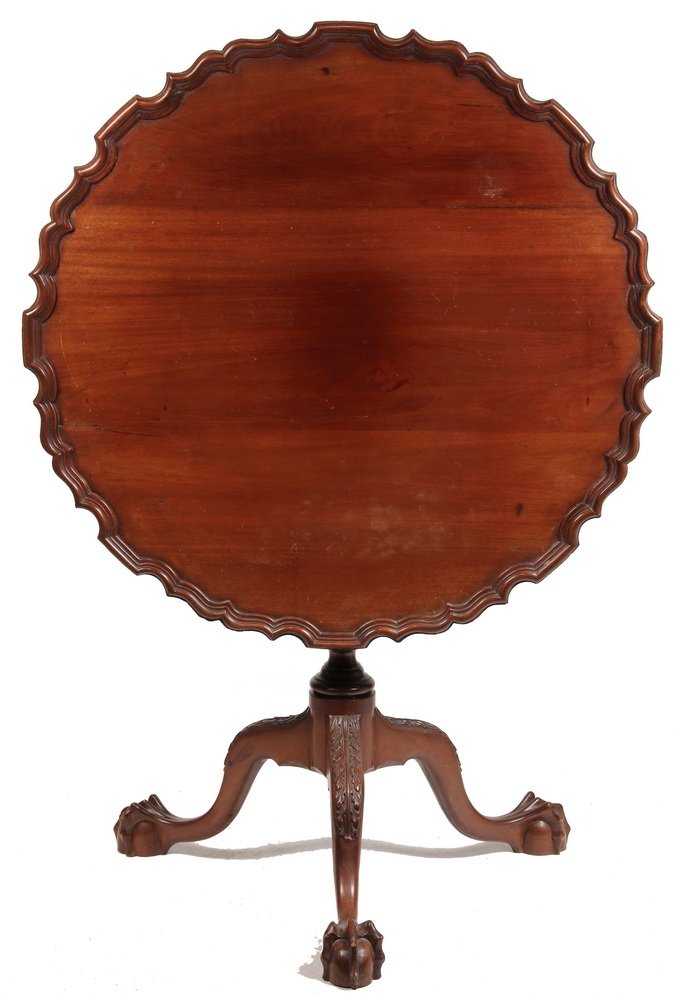 TEA TABLE - 20th c. Mahogany Copy of a Fine: TEA TABLE - 20th c. Mahogany Copy of a Fine Philadelphia Bird-Cage Tilt Top Table with molded pie crust edge, turned cage spindles and columns, acanthus carved knees, ball and claw foot. 29" t, 32 1/2