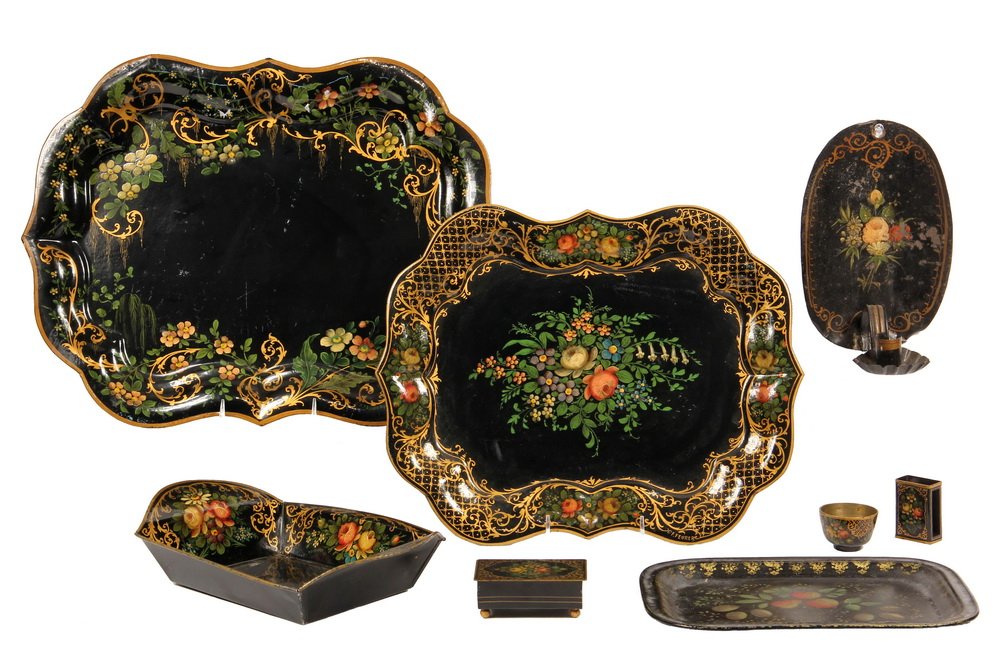 (8 PCS) TIN TOLEWARE - All in black with gilt and: (8 PCS) TIN TOLEWARE - All in black with gilt and polychrome floral decoration, inc: 3 Trays, 15" x 19" to 9" x 12"; Bread Tray; Candle Sconce & 3 pc Smoking Set (cigarette box, match box & ash cup). 