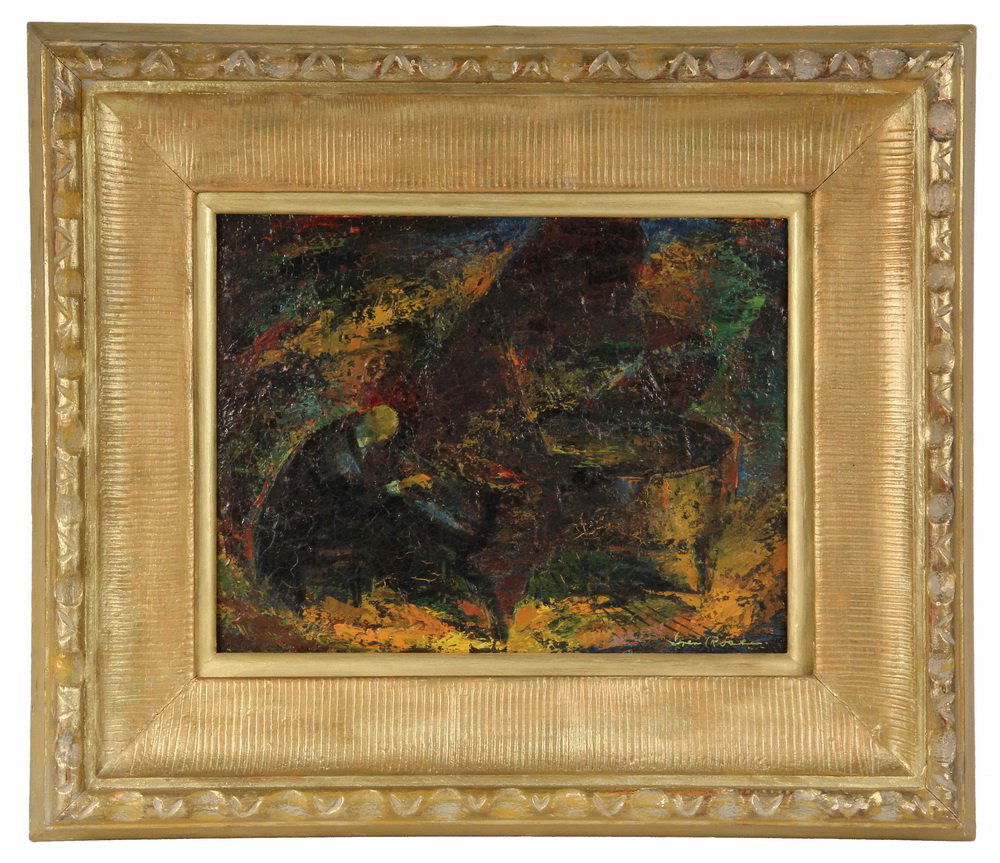 IVER ROSE; (MA/IL, 1899-1972); Concert Pianist, oil on: IVER ROSE; (MA/IL, 1899-1972); Concert Pianist, oil on masonite, signed lr "Iver Rose", in handcarved gold painted frame. OS: 19" x 22". SS: 10 1/2" x 13 1/2". Fine craquelure in one area.