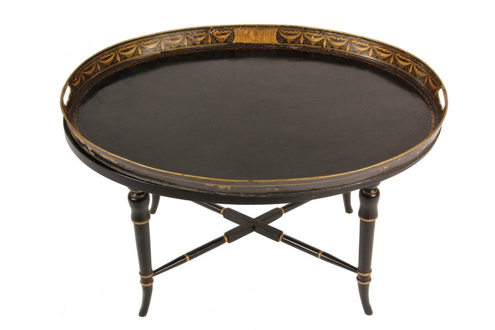 PAINTED TRAY ON STAND - 19th c. Oval Tin Tray in black: PAINTED TRAY ON STAND - 19th c. Oval Tin Tray in black paint with gold detailing to gallery, pierced handles, set on later, custom made four-legged Chinoiserie base with cross stretcher, in black and 