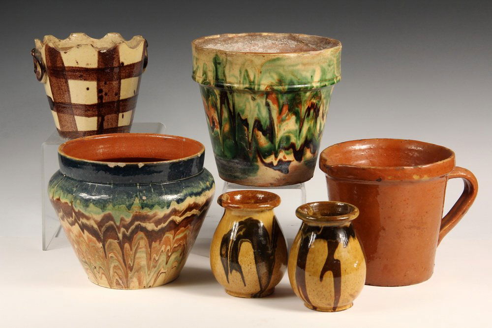 (6 PCS) FRENCH POTTERY - 19th c. Jaspe and Savoie: (6 PCS) FRENCH POTTERY - 19th c. Jaspe and Savoie Redware Pottery, including three flower pots, a pitcher and a pair of small confits. 4 3/4" x 7 1/4" tall, 3 1/2" to 8" diam.