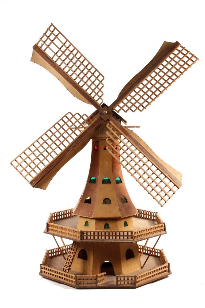 FOLK ART MODEL - Octagonal Windmill in two-tone wood,: FOLK ART MODEL - Octagonal Windmill in two-tone wood, with two lower decks, red and green gel windows, spinning blades. Circa 1950. Three-part (the blades are removable). 44" x 35" x 20". Good conditi