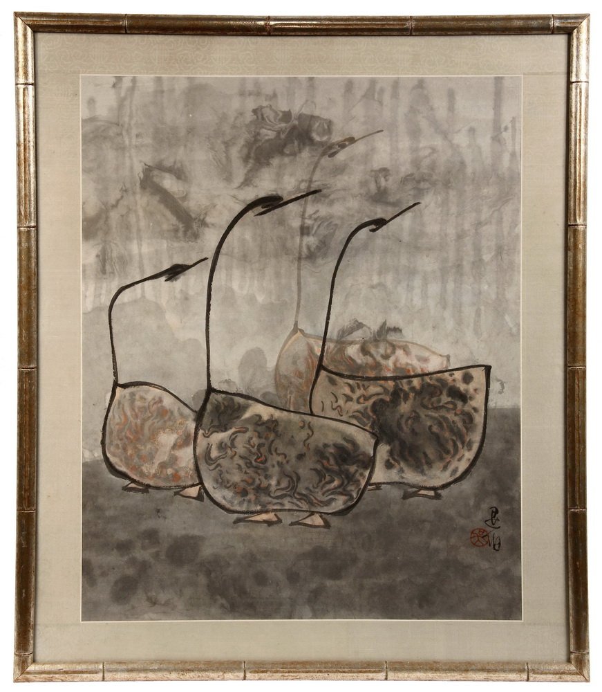 JAPANESE WATERCOLOR - Modernist View of Four Geese,: JAPANESE WATERCOLOR - Modernist View of Four Geese, signed and with seal, circa 1960, in silvered faux bamboo frame, silk mat, glazed. From the estate of Brooke Astor. OS: 33" x 28 1/2". SS: 27" x 22"