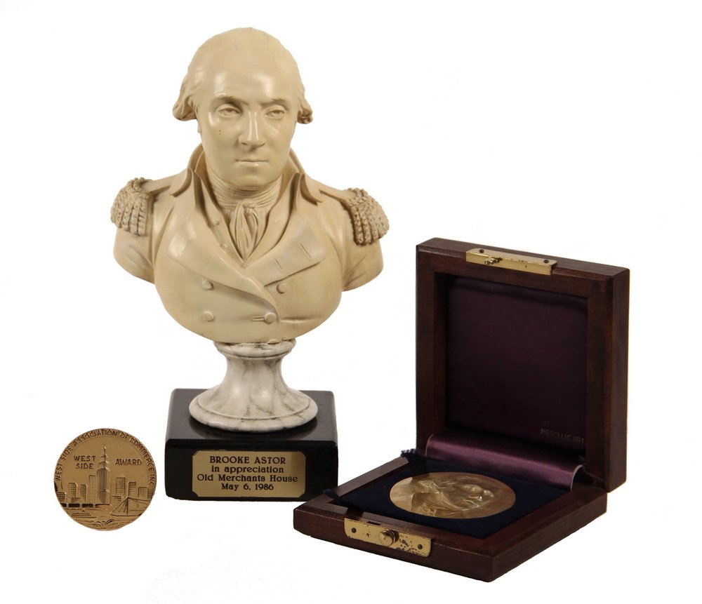 (3) ASTOR PRESENTATIONS - Including: Gilt Bronze Medal: (3) ASTOR PRESENTATIONS - Including: Gilt Bronze Medal West Side Award to Mrs Vincent Astor; Cased Gilt Sterling Medal National Portrait Gallery Vincent Astor Assn 1988; Plaster Bust of Brooke Astor f