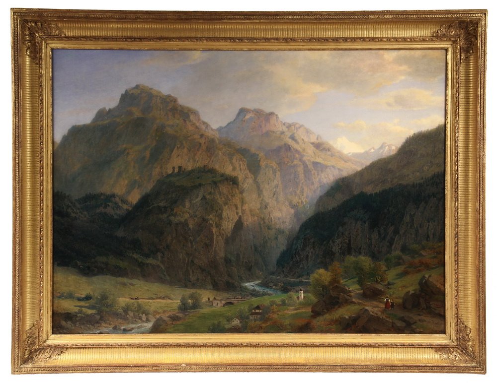 JOHANN JAKOB VOLLWEIDER, (Germany, 1834-1891); Alpine: JOHANN JAKOB VOLLWEIDER, (Germany, 1834-1891); Alpine Valley, signed lower right. In gilt matched corner cove frame, with notation "Over mantel, drawing room". From the Brooke Astor estate. OS: 34" x 