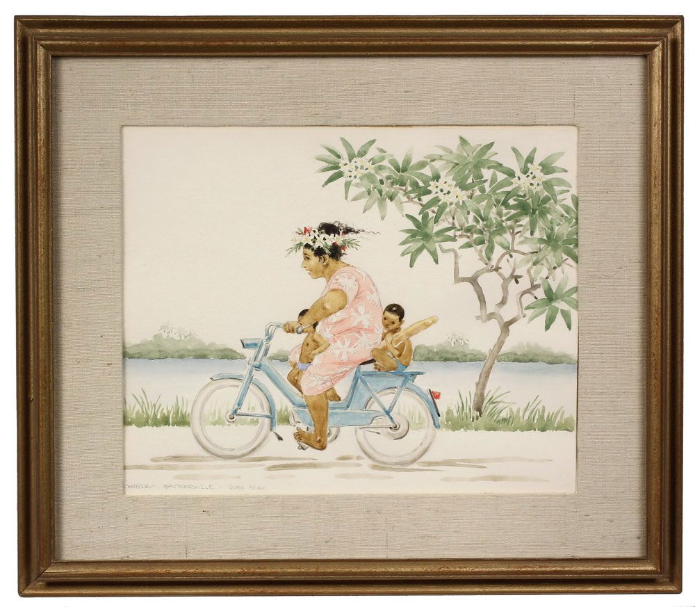 CHARLES BASKERVILLE, JR., (NY, 1896-1994); "Life on: CHARLES BASKERVILLE, JR., (NY, 1896-1994); "Life on Bora Bora", watercolor on paper, signed lower left & titled on Far Gallery of NYC label verso. In gold frame, linen mat, glazed. From the Brooke Ast