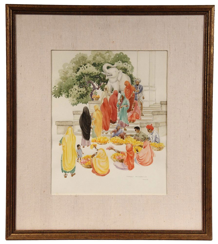 CHARLES BASKERVILLE, JR., (NY, 1896-1994); "Temple: CHARLES BASKERVILLE, JR., (NY, 1896-1994); "Temple Steps in Udiapur, Rajasthan, India", watercolor on paper, signed lower right, titled verso. In gold molded frame, matted & glazed. From the estate of