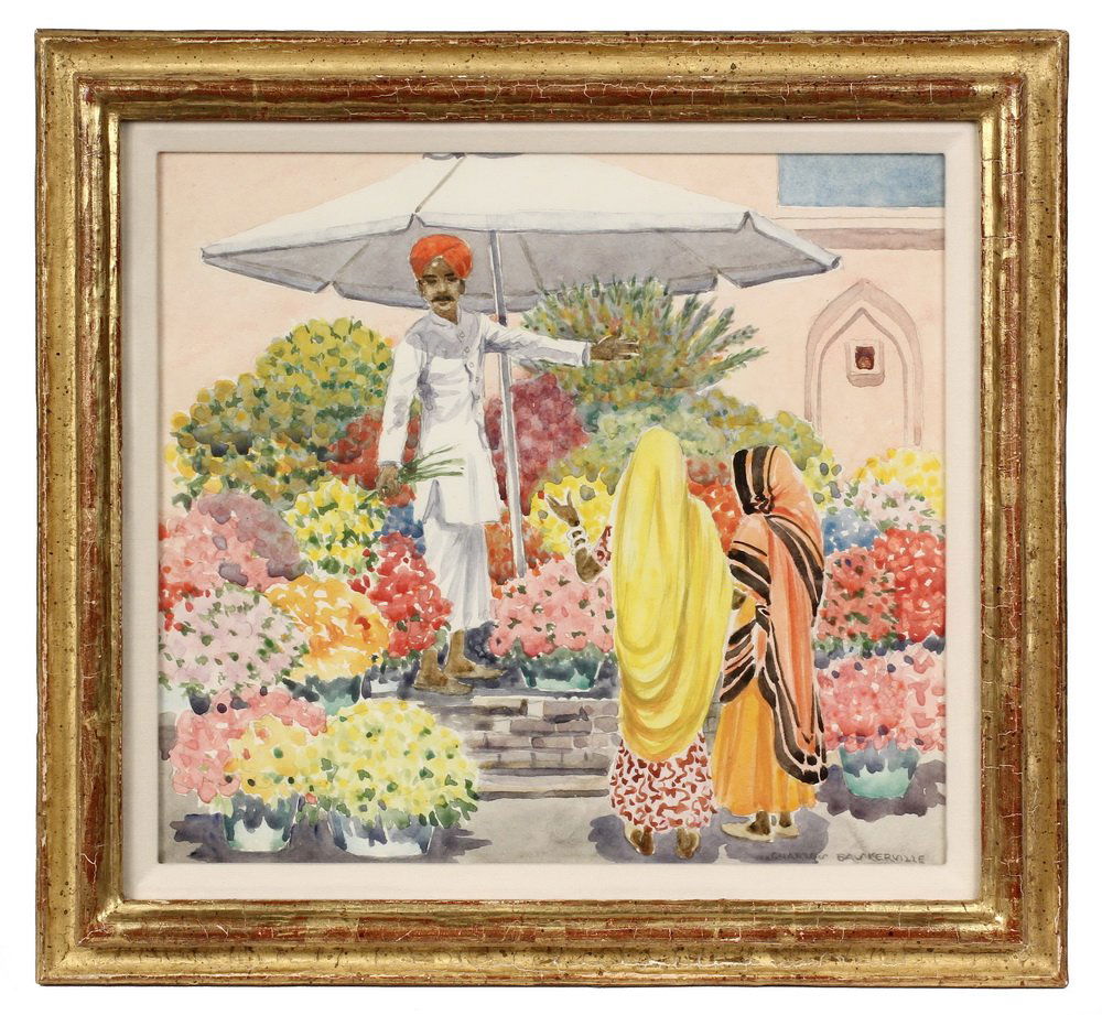 CHARLES BASKERVILLE, JR., (NY, 1896-1994); "Flower: CHARLES BASKERVILLE, JR., (NY, 1896-1994); "Flower Market at Rajastan", watercolor on paper, signed lower right. In gilt molded frame, linen liner, glazed. From the Brooke Astor estate. Marked verso "