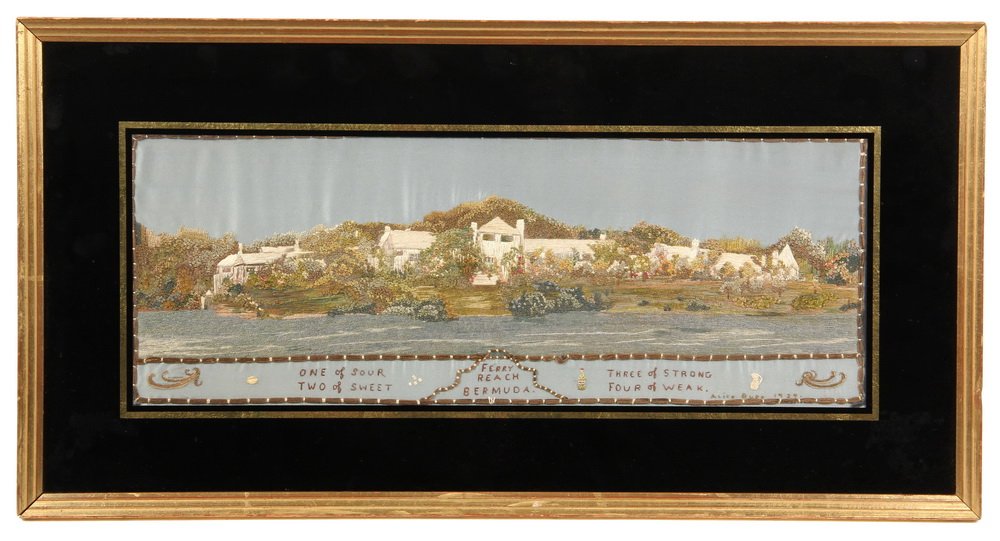 FRAMED STITCHWORK - "Ferry Beach, Bermuda", signed: FRAMED STITCHWORK - "Ferry Beach, Bermuda", signed "Alice Budd, 1939" lr, with ditty "One of sour, two of sweet, three of strong, four of weak". From the Brooke Astor estate. In gilt stick frame with 