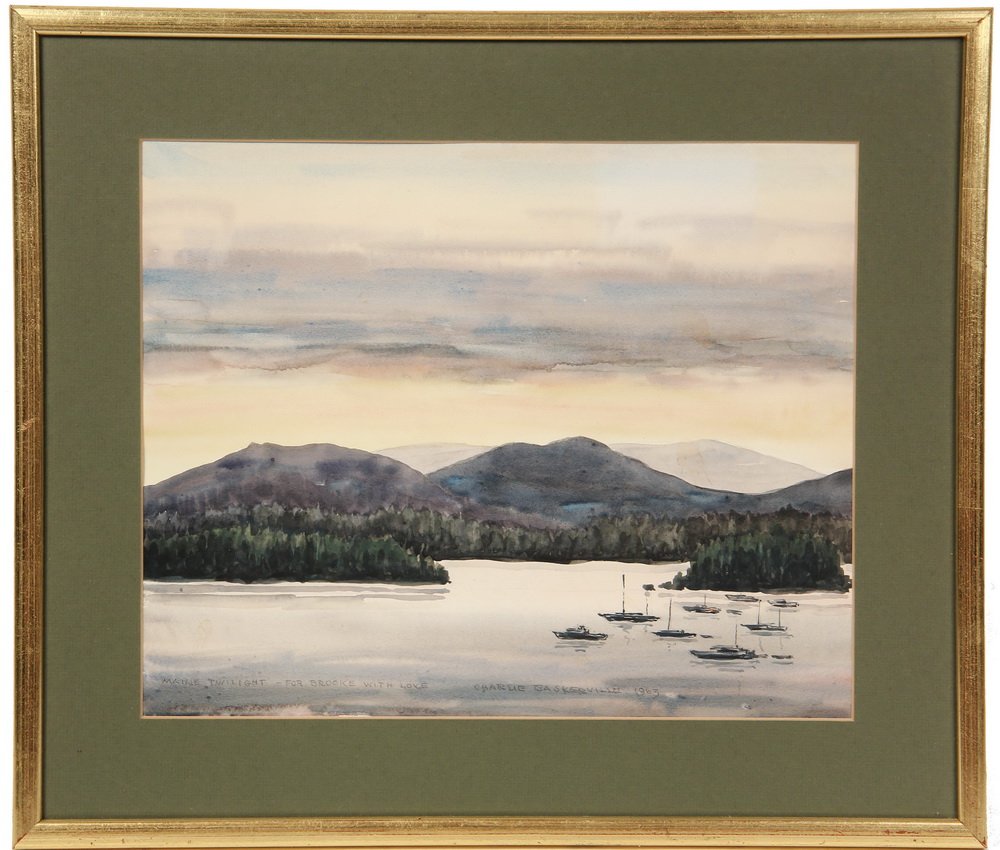 CHARLES BASKERVILLE, JR. (NY, 1896-1994) - 'Maine: CHARLES BASKERVILLE, JR. (NY, 1896-1994) - 'Maine Twilight - for Brooke with Love", watercolor, signed & titled, dated 1963. In gold frame, matted & glazed. From the Brooke Astor estate. OS: 15" x 17