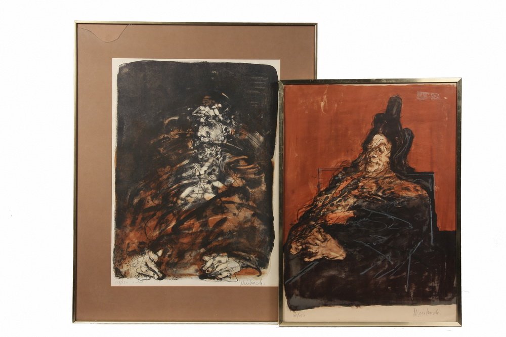 CLAUDE WEISBUCH; (French, 1927 - ), Two Single Figure: CLAUDE WEISBUCH; (French, 1927 - ), Two Single Figure Portraits and One Group, (3) color lithographs, all signed, the larger numbered 128/150, the smaller 40/150, both in box frames, the group portrai