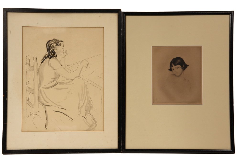 ETCHING & INK DRAWING - Portraits of Young Girls: ETCHING & INK DRAWING - Portraits of Young Girls including "Virginia" by ELEANOR MODRAKOWSKA (NY, 1879-1955), signed and with James Paplia label verso giving title; PLUS "Girl at Table" by HELEN TRAIN