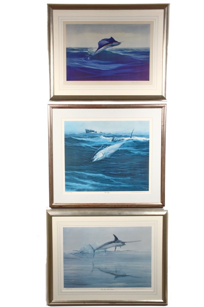 WILLIAM HOADLEY LAWRENCE; (NY, 1913-2002) - Leaping: WILLIAM HOADLEY LAWRENCE; (NY, 1913-2002) - Leaping Sailfish, Marlin & Tuna, prints, all pencil signed, the last two (a/p) titled 'The Spear that Glitters' & 'The Rip'. In various silver frames, matte