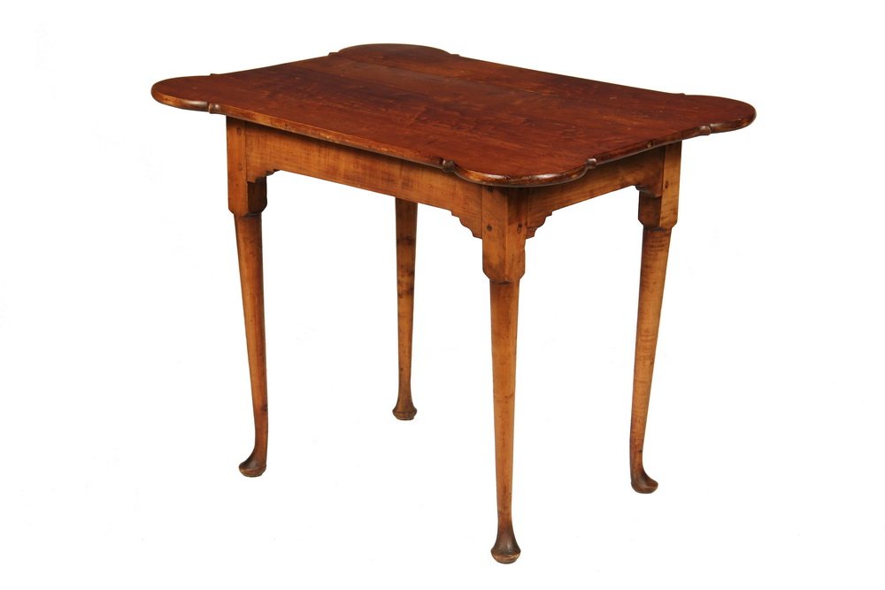QUEEN ANNE TEA TABLE - Rare 18th c. Porringer Top Table: QUEEN ANNE TEA TABLE - Rare 18th c. Porringer Top Table in maple and figured maple, all wood peg construction, bracketed skirt, square to round tapered legs ending in pad foot. 26 1/2" x 34" x 25". Sh