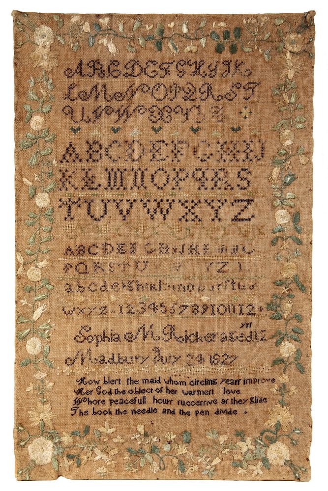 NEEDLEWORK SAMPLER - Alphabet Sampler by Sophia M: NEEDLEWORK SAMPLER - Alphabet Sampler by Sophia M Ricker, Madbury (New Hampshire), July 24, 1827. On linen, unframed. Minor losses, fading.
