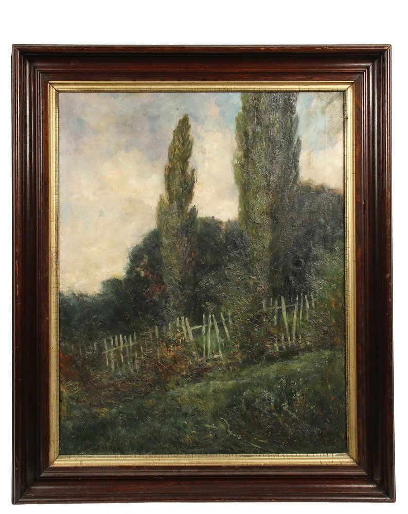 WILLIAM LANGSON LATHROP (NY/PA/OH/IL, 1859-1938) - The: WILLIAM LANGSON LATHROP (NY/PA/OH/IL, 1859-1938) - The Broken Fence, oil on canvas, signed lower left "W.L. Lathrop", an American Impressionist landscape painter and founder of the art colony at New H