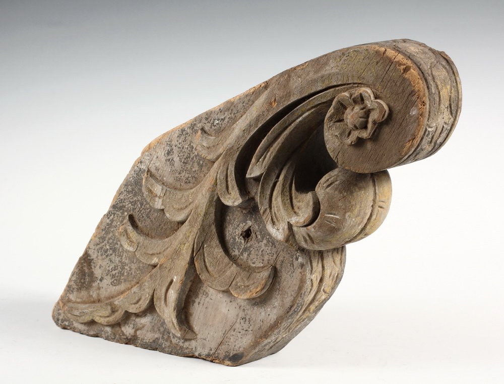 SHIP'S BILLET HEAD - Mid 19th c. Carved Douglas Fir: SHIP'S BILLET HEAD - Mid 19th c. Carved Douglas Fir Scroll Carved Prow, probably from a small schooner, in remnants of black and gold paint, 16" long, weathered and pithy from exposure to saltwater. F
