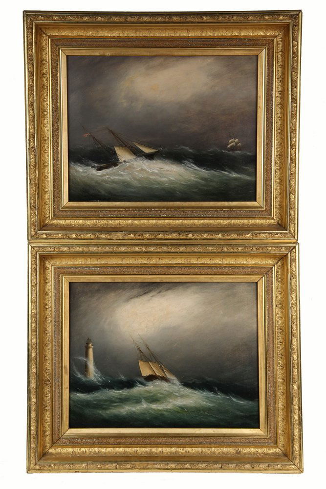 CLEMENT DREW (MA, 1806-1889); Two Views of Sailing: CLEMENT DREW (MA, 1806-1889); Two Views of Sailing Ships Being Swamped in Storms, one near a lighthouse, the other with rescuer approaching, oil on cardstock, unsigned. In original gilt gesso frames w