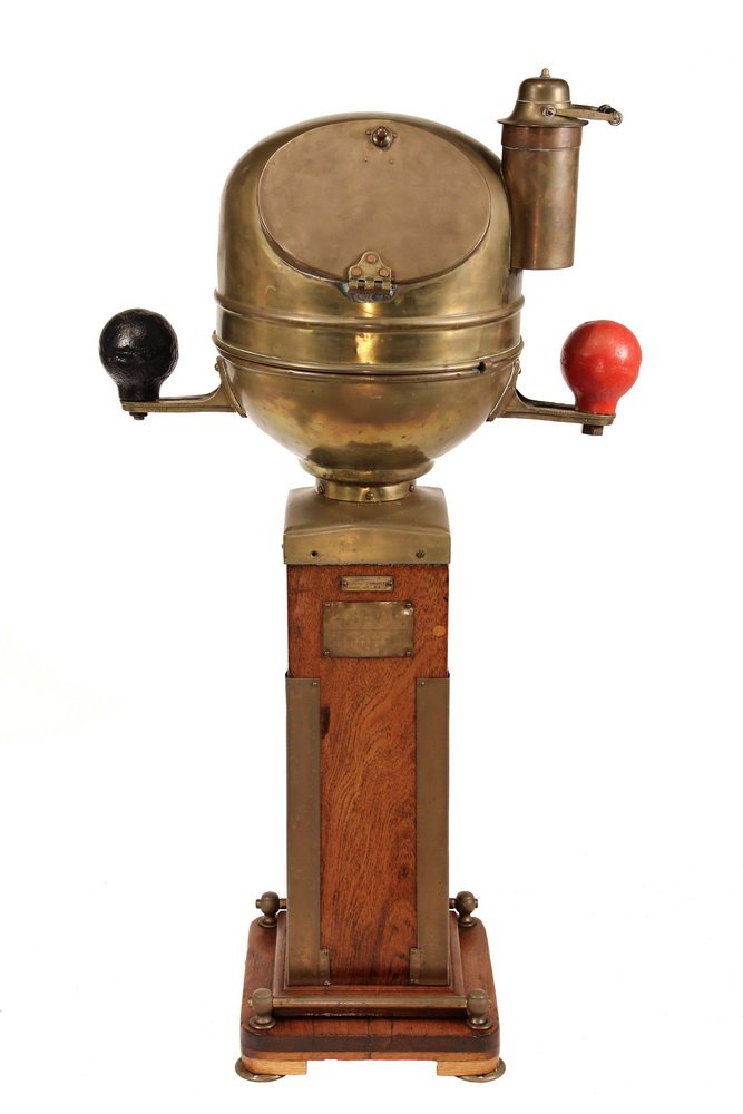 BRITISH SHIP'S BINNACLE - Kelvin & Hughes Type Cabquo: BRITISH SHIP'S BINNACLE - Kelvin & Hughes Type Cabquo B, serial no 464 square pillar after steering, ca 1941, having a 10" wet compass in brass housing with covered and glazed port, right mounted lamp