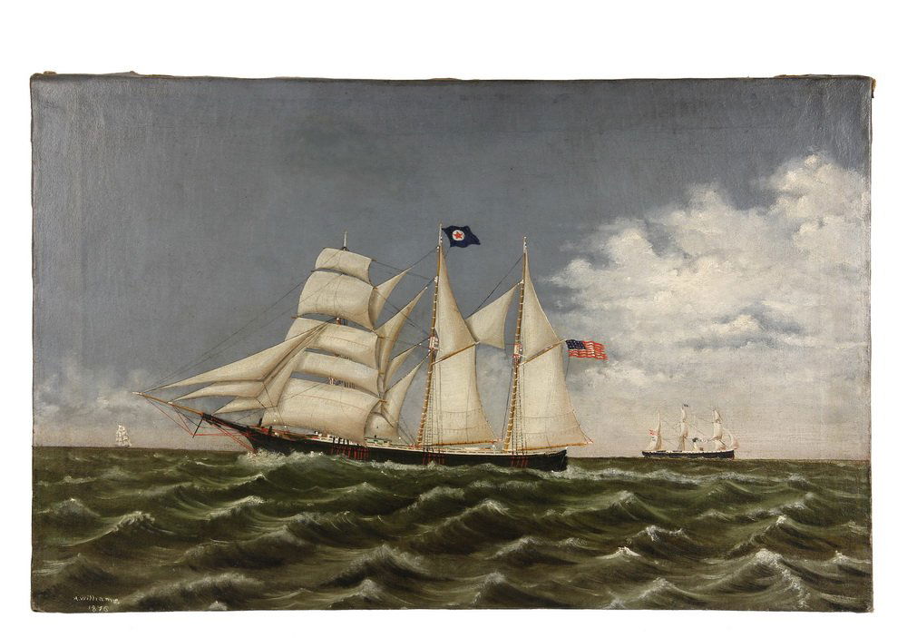 A. WILLIAMS, dated 1875, portrait of American sailing: A. WILLIAMS, dated 1875, portrait of American sailing ship "Croton" with company flag on main mast, a sail/steam ship in background, oil on canvas, signed lower left. Unframed. SS: 17" x 26 3/4". Clea