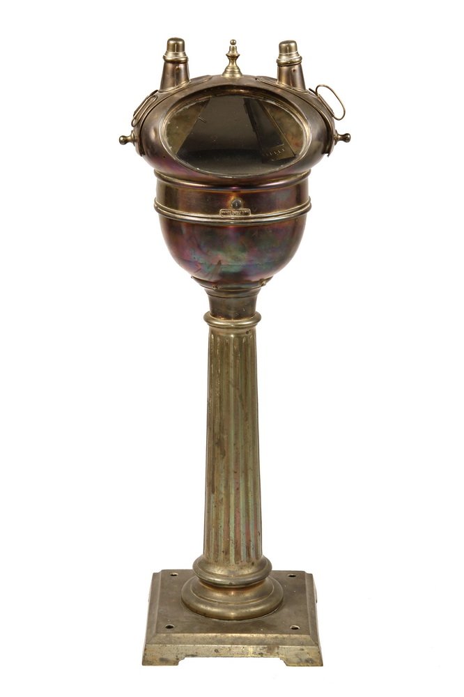 YACHT BINNACLE - Scarce Small Scale Dry Compass: YACHT BINNACLE - Scarce Small Scale Dry Compass Binnacle, circa 1890, in solid brass housing with two lamp housings (missing burners), set on fluted column pedestal. Tag from Pascall Atkey & Son (Yach
