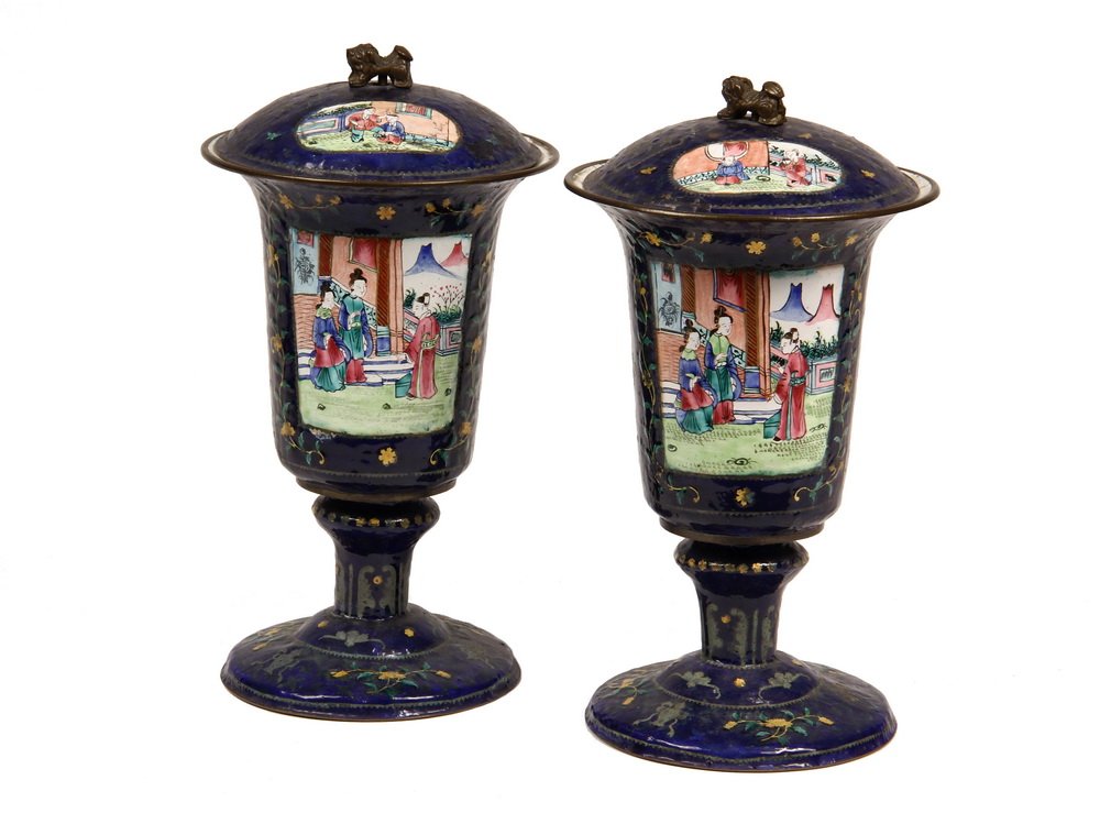 PAIR OF CHINESE ENAMEL CHALICES - Early 19th c. Covered: PAIR OF CHINESE ENAMEL CHALICES - Early 19th c. Covered Stemmed Cups in European form, with tiny bronze foo dog knops on the domed lids, having a cobalt blue field, with two panels on lid and body eac