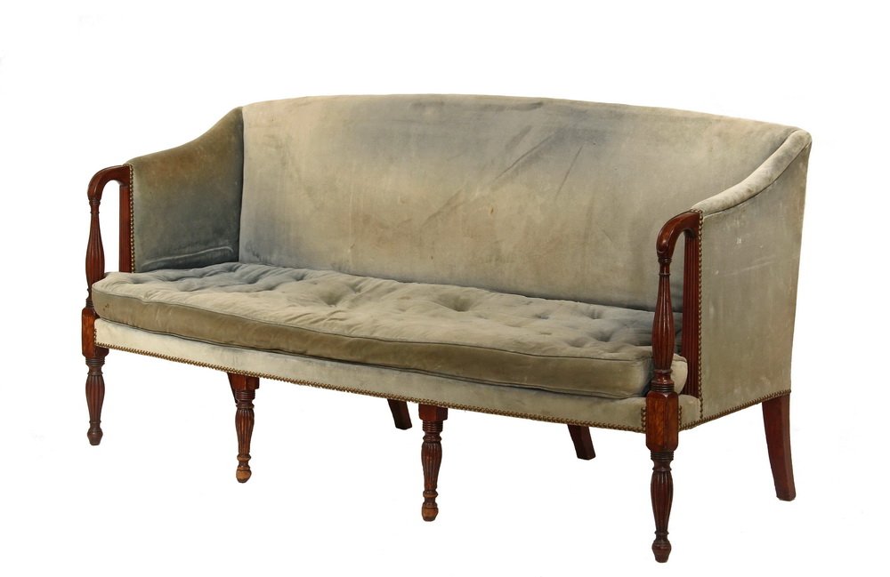 SHERATON SOFA - Period Mahogany Frame with reeded swan: SHERATON SOFA - Period Mahogany Frame with reeded swan arms and legs, inlaid figural panels on the frame blocks. Loose cushion. 18" seat, 30" arm, 37" back. 72" x 29". Scuffs to frame, needs reupholst