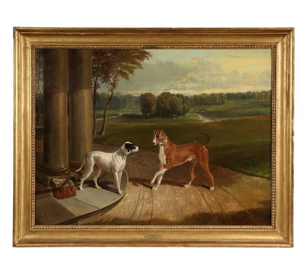 JOHN FREDERICK HERRING, SR. (UK, 1795-1865); The: JOHN FREDERICK HERRING, SR. (UK, 1795-1865); The Courting of a Hound, oil on canvas, signed lower left "I.F. Herring" and dated 1824. Depicting one dog calling on another at a formal portico in an Eng