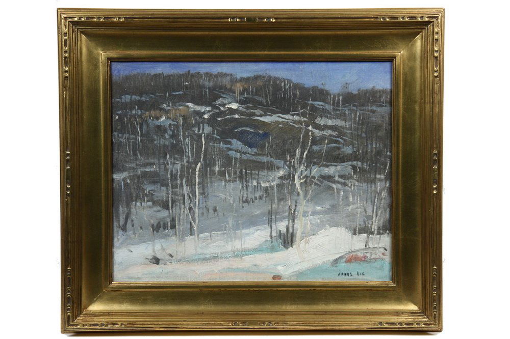 JONAS LIE (NY, 1880-1940); 'Melting Snow', oil on: JONAS LIE (NY, 1880-1940); 'Melting Snow', oil on canvas, signed lr, titled on stretcher, depicting a wooded hillside in late winter, in replica gilt Arts & Crafts frame, SS: 15 1/4" x 19 1/4", OS: 22