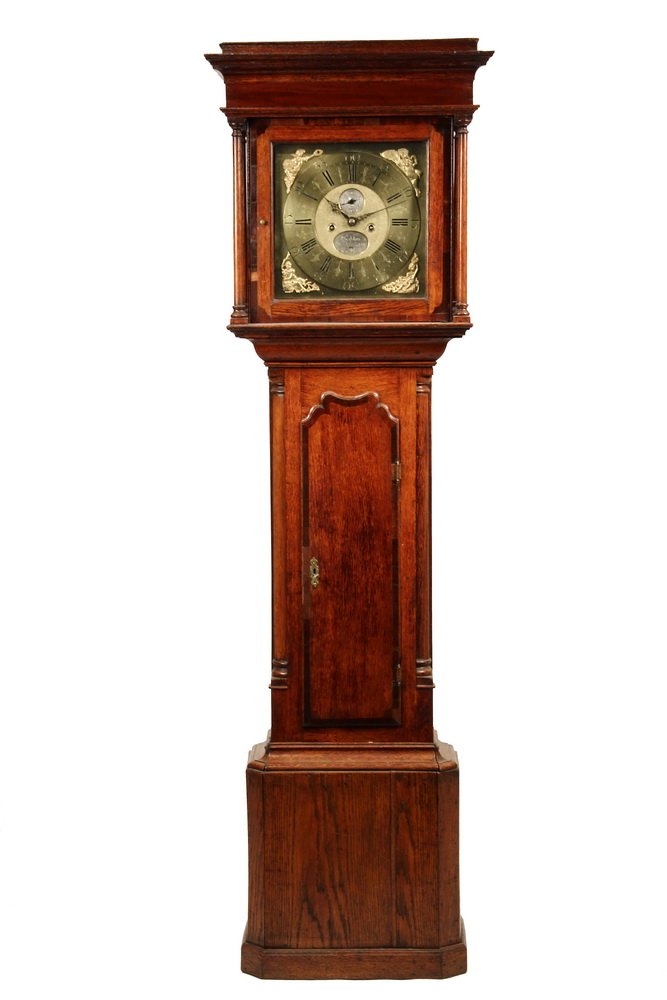 ENGLISH TALL CLOCK - Daniel Seddon of Frosham: ENGLISH TALL CLOCK - Daniel Seddon of Frosham (Cheshire), circa 1765 (active 1754-1785), in quarter-sawn oak case with walnut crossbanding, flat-top bonnet with molded cornice, four full round support